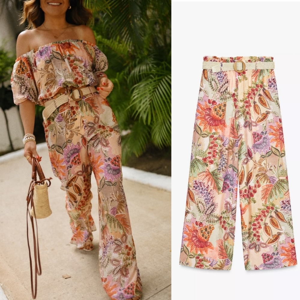 Zara Printed Belted Pants Floral Lightweight Size L New With Tag